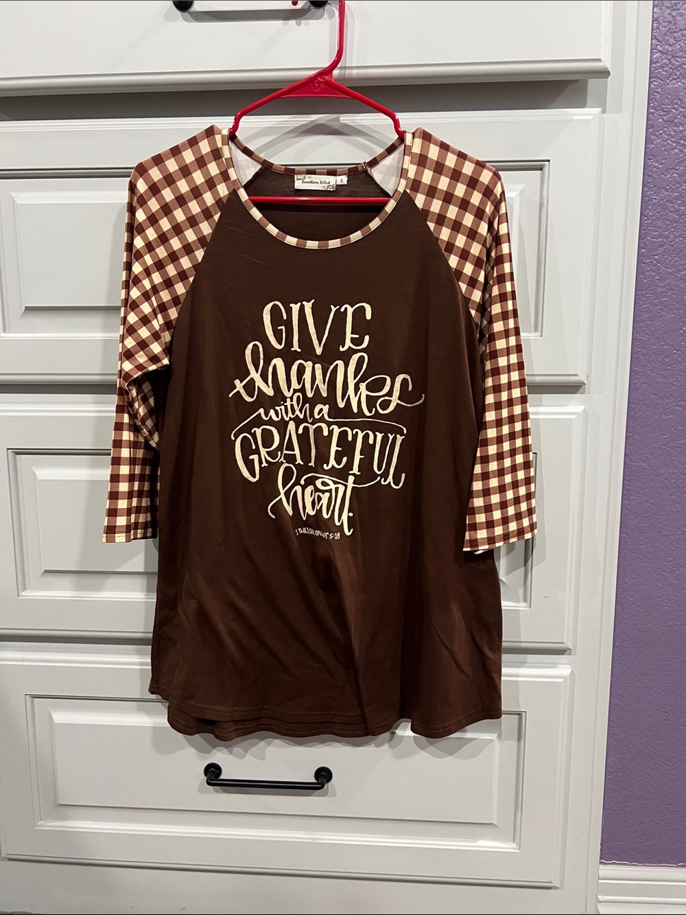 Cozy Brown Plaid Raglan Tunic with Cream Script